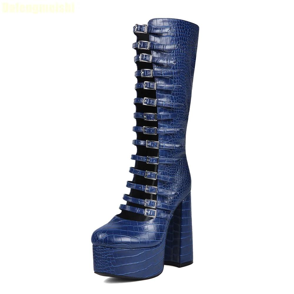 2025 New Hollow Knee-High Boots Crocodile Pattern Sexy Boots Platform Zipper Square Heel Buckle Strap Women Pole Dance Shoes