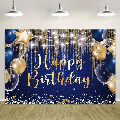 Shimmering Navy & Royal Blue Birthday Background, Golden Polka Dot Balloons, Magical Cake Table Decor & Photography Banner