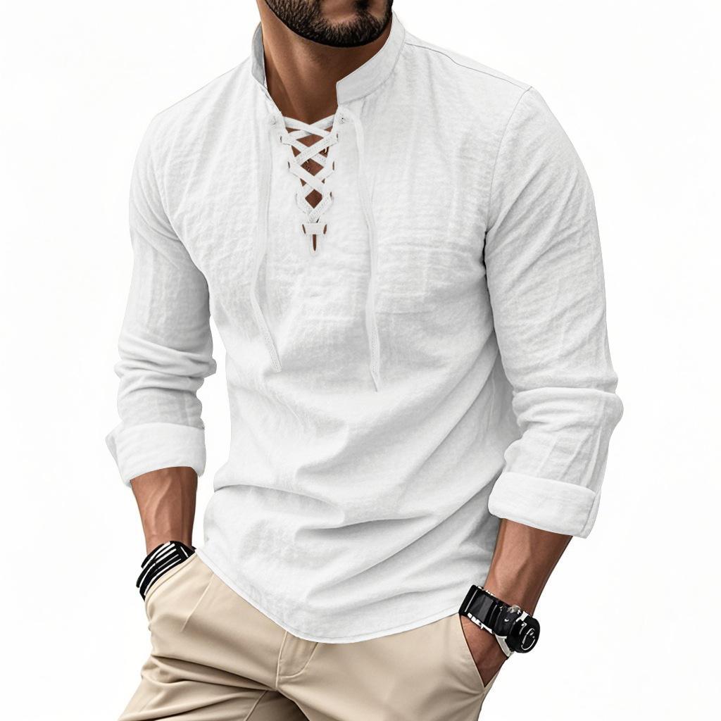 Men s 100% Linen Shirt Long Sleeve Lace Up Neck Casual Spring Summer Breathable Shirts Men Clothing S белый