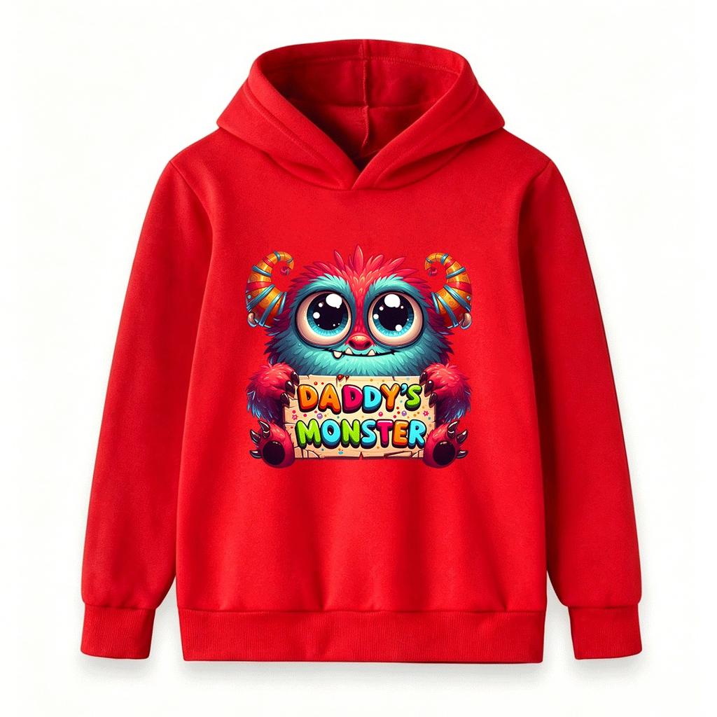 Kids Boys Girls Hoodie Sweatshirt, Cute Fluffy Monster Daddys Monster Pattern Pullover Hooded Top, Soft Casual Long Sleeve Clothes Children Daily Wear
