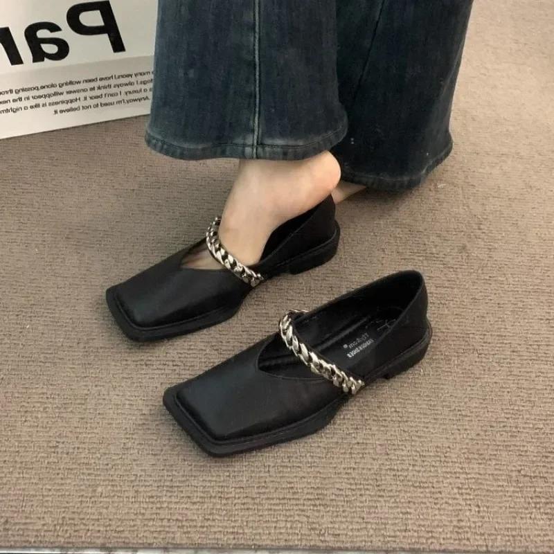 fashion Ladies Shoes on Sale 2024 Fashion One Kick Women's Flats Autumn Square Toe Chain Solid Low Heels Shallow Office Ladies Shoes