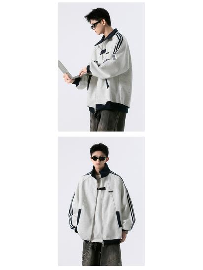 American Three-Stripes Unisex Heavyweight Baseball Jacket - Trendy Autumn/Winter Striped Patchwork Outerwear for Teens