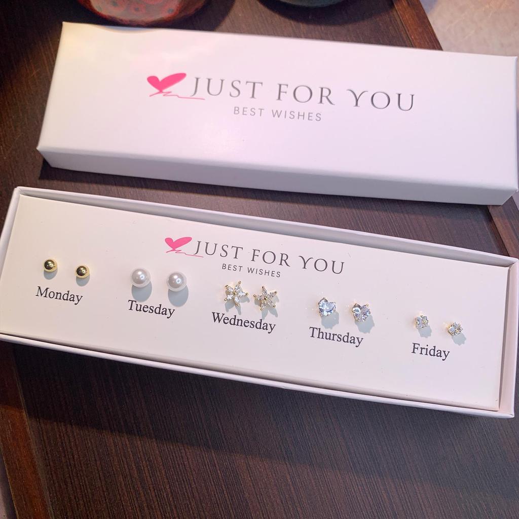 Zirkon Blumenstecker Set: 5 Paare für Damen mit Silbernadeln - Wochen-Geschenkbox