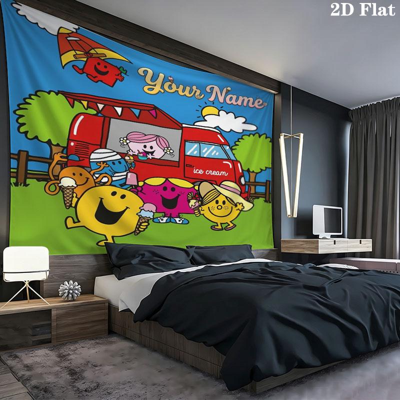 Mr. Men Little Miss Custom Name Wall Tapestry Aesthetic Wall Hanging Printed Fabric Blanket Decorative Tapestries for Bedroom Living Room Home Decor