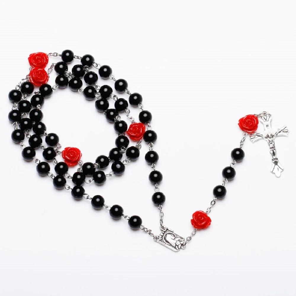 6MM Catholic Glass Beads Rosary Necklace For Women Red Rose Long Chain Crucifix Cross INRI Pendant Men Religious Prayer Jewelry