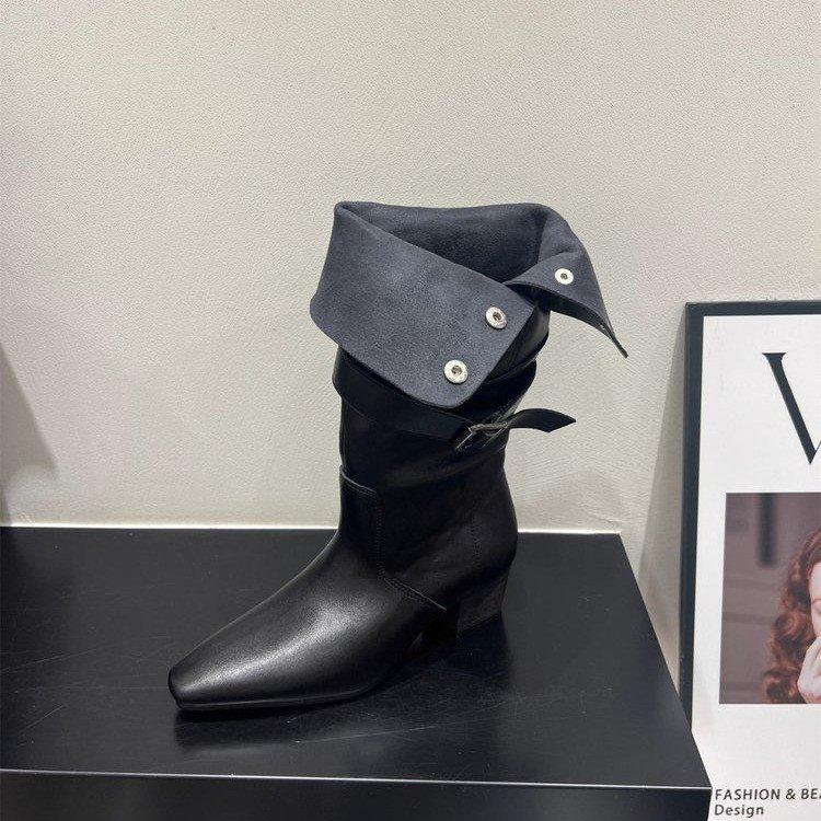 Frosted Leather Pointed Metal Buckle Niche Hottie Western Cowboy Boots Lapel Two Wear Martin Motorcycle Boots Women's Shoes