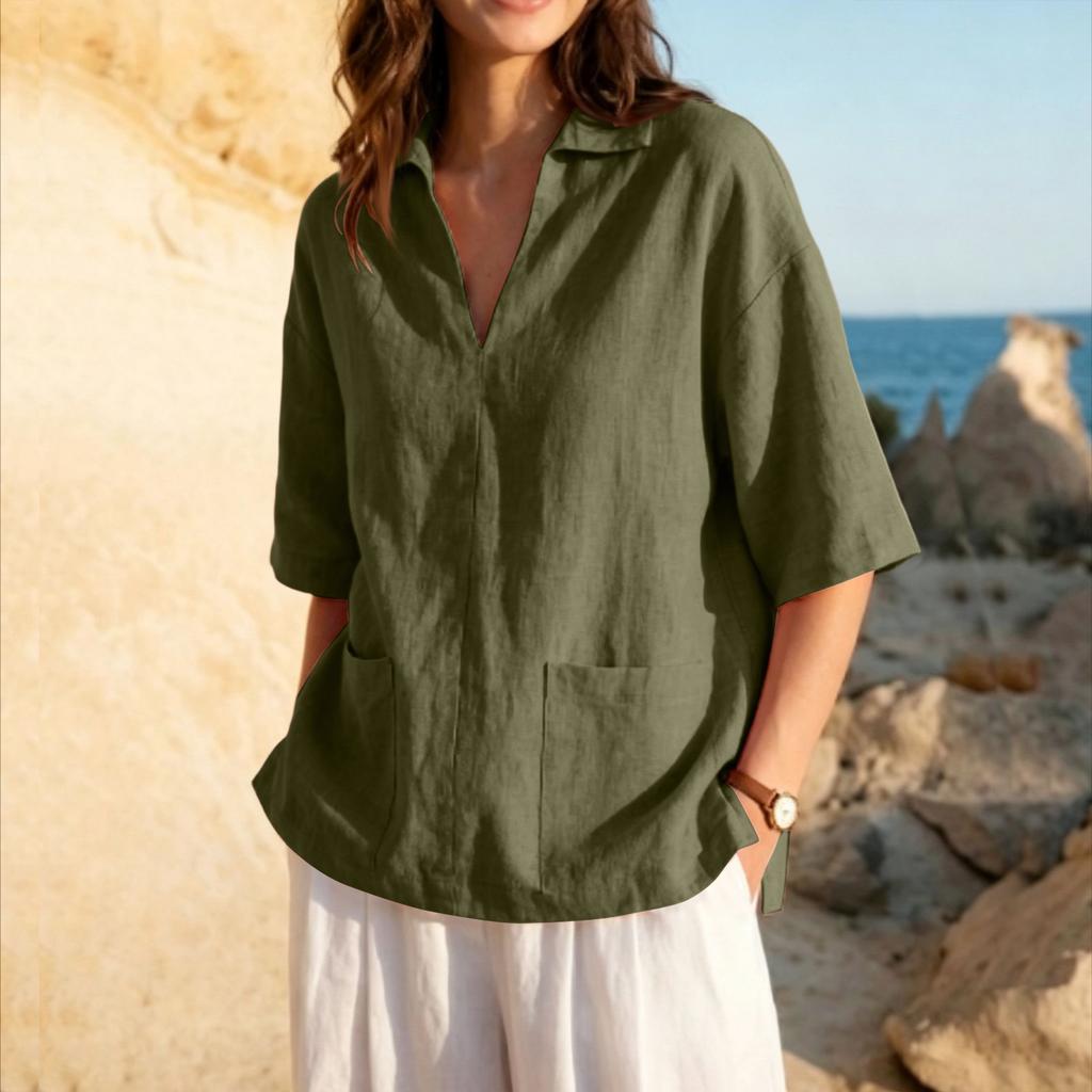 Women's V Neck Linen Cotton Blend Loose Fit Shirt Half Sleeve Casual Blouse with Front Pockets Lightweight Breathable Fabric