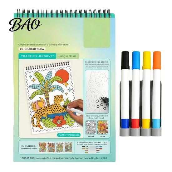 Spiral Bound Drawing Album Trace-By-Groove Guided Coloring Book, Clear Artistic Printing with 20 Decorative And Painting Set for Teens Scenes
