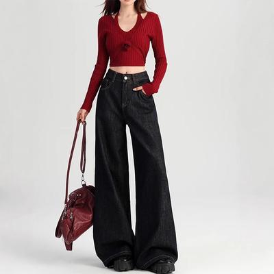 Women's 2024 Autumn Dark Blue High Waist Wide-Leg Jeans - Floor-Length, Loose Fit.