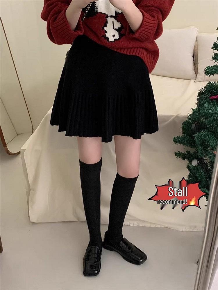 Deep Gray Textured A-Line Pleated Knit Skirt with Elastic High Waist for Women - Slim-Fit, Short Length, Perfect for Autumn and Winter