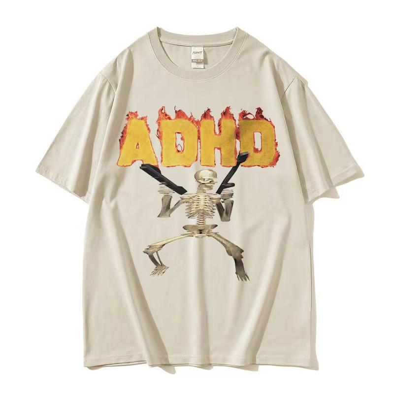ADHD Skeleton Meme Vintage T Shirt Humor Horror Funny Skull Graphic Tee Unisex Casual Oversized Streetwear Top for Unisex Women