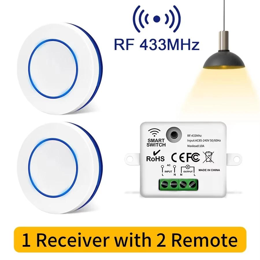 433MHz RF Wireless Remote Control Light Switch 220V 110V 10A Relay Receiver Mini Round Button Wall Panel for LED Lamps