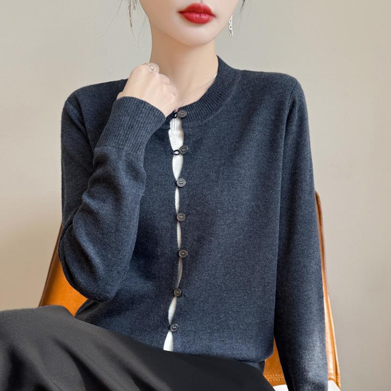 

Женский свитер из шерстяного трикотажа с длинным рукавом и пуговицами: Круглый вырез, стиль из двух частей XXL