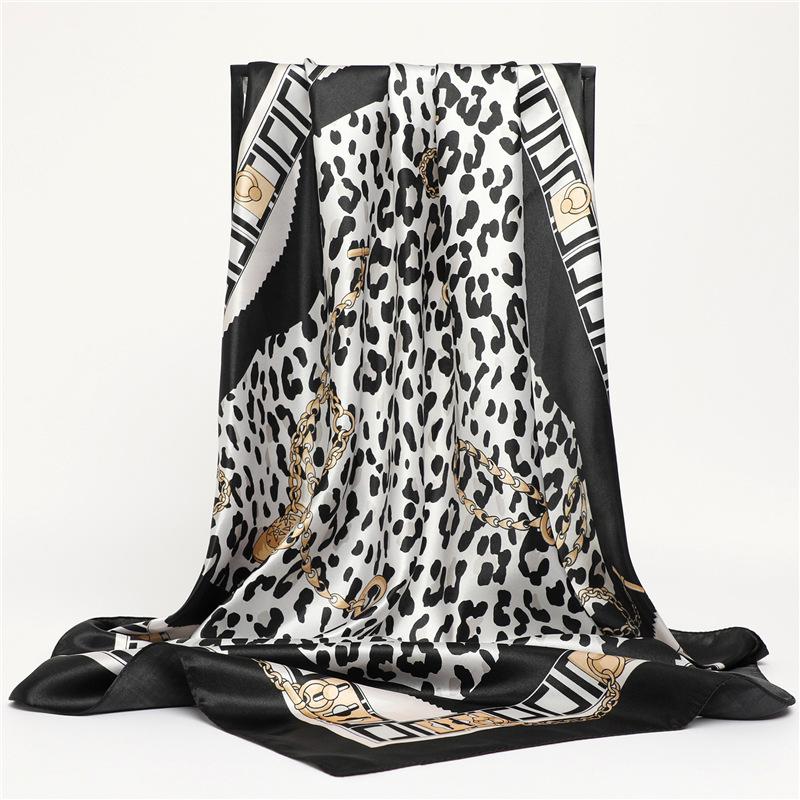 Leopard Print Luxury Silk-Like Scarf - 90cm Autumn/Winter Fashion Women's Shawl with Chain Letter Design