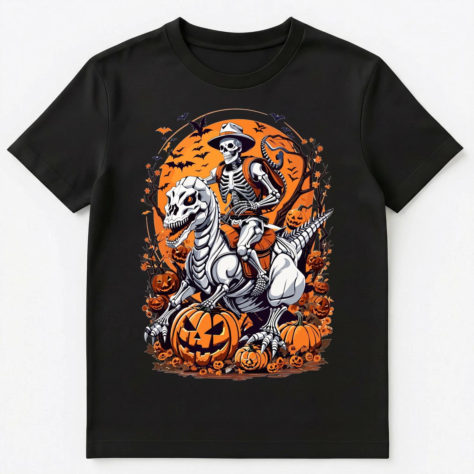 Skeleton Riding A Dinosaur Halloween Graphic Unisex T-Shirt 4XL