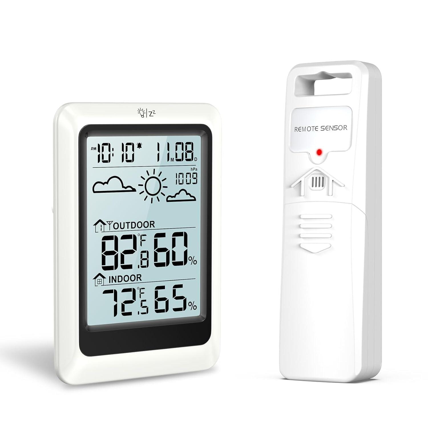

Large LCD Display, Digital Temperature Humidity Monitor with Backlight, Weather Forecast, Alarm Clock, Snooze for Home Office Garden білий