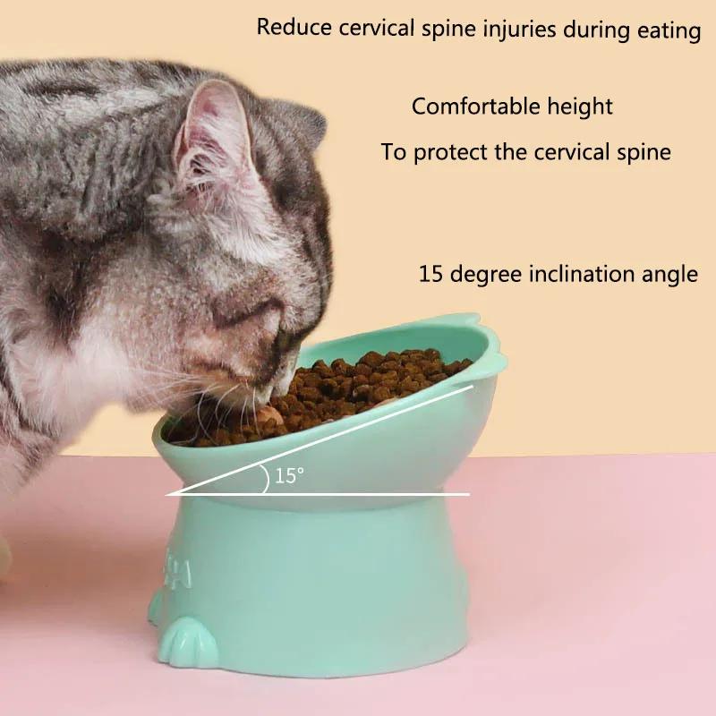 Pet Bowl Water Food Feeding Dish Plate Pet Supplies Cartoon Cat Shape Tilted Anti-overturn Raised Base Protect Cervical Spine