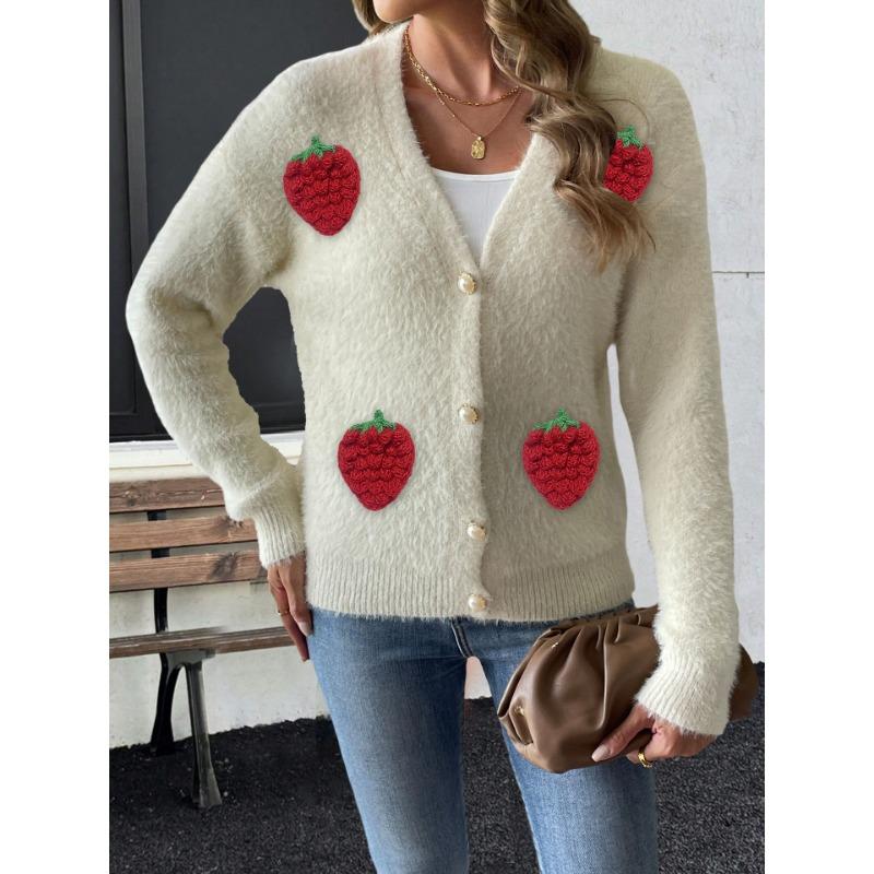 Women S Faux Mink Cardigan With Strawberry Embroidery Pearl Buttons