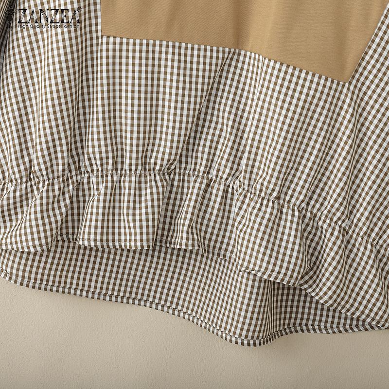 ZANZEA Women Casual Round Neck Plaid Print Long Sleeve Blouse