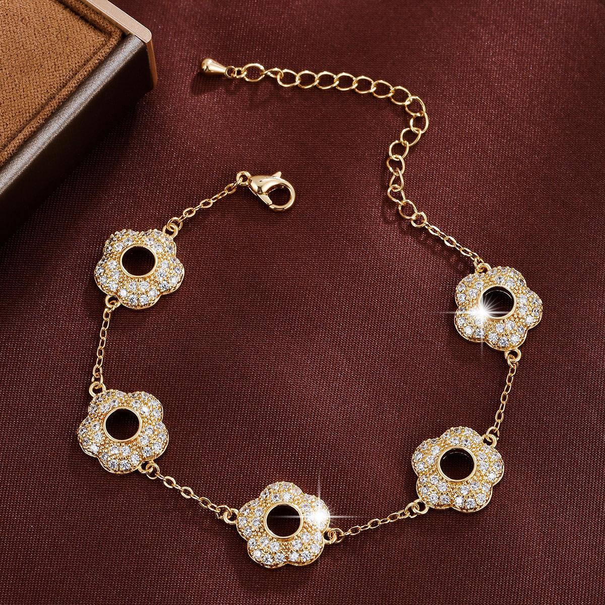 Simple Micro-paved Zircon High-end Hollow Five-petal Flower Daily Commuting and Versatile Bright Bracelet One Size(16-22CM)