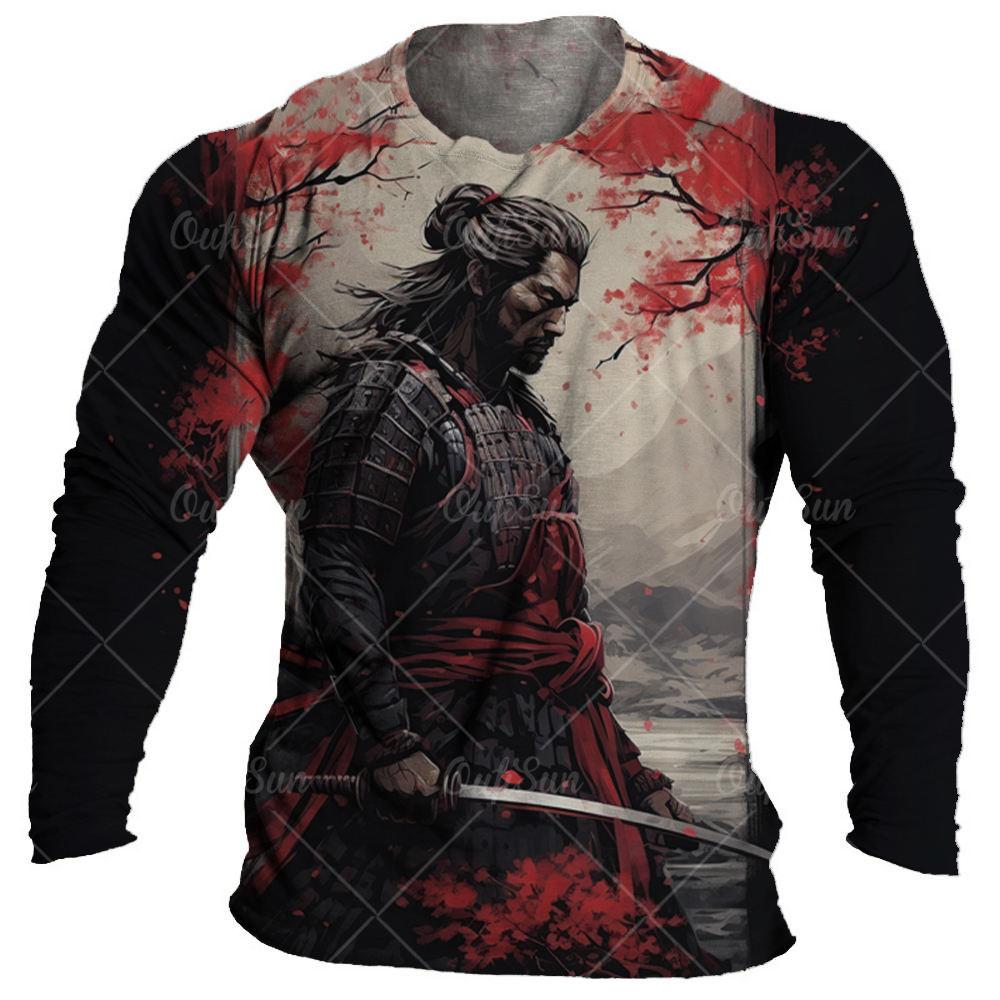Japanisches Samurai-T-Shirt aus Baumwolle mit 3D-Aufdruck im japanischen Stil, langärmelige Oberteile, lässiges Herren-T-Shirt, übergroße Vintage-Herrenbekleidung