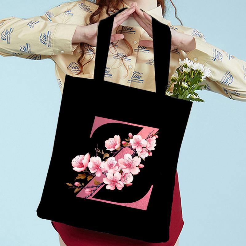 Pink Sakura Handbags Women Eco Reusable Tote Bag Cherry Blossom College Canvas Bag Vintage Sakura Alphabet Ladies Shoulder Bag