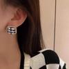 Silver needle checkerboard fabric diamond square stud earrings, niche girl retro plaid in style earrings