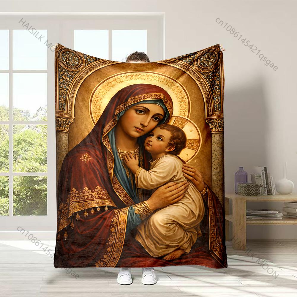 1PC Religious Mother-child Icon Faith-printed Flannel Blanket Soft and Warm Suitable for Home Travel Picnics Camping RV Use