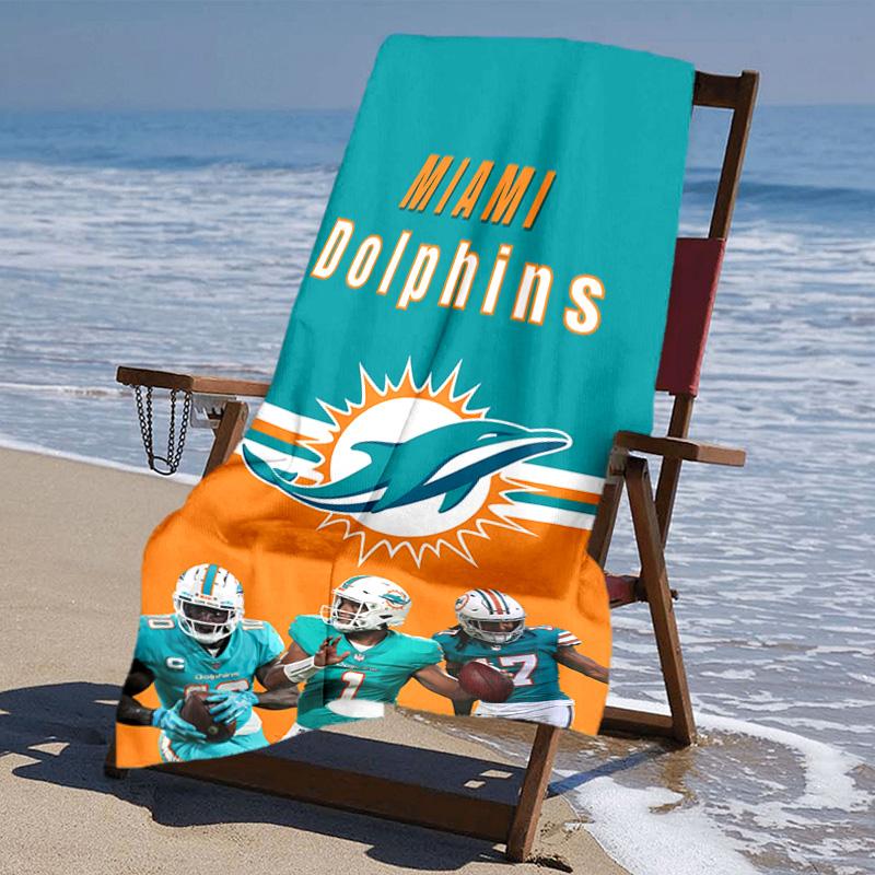 proof beach towel with Miami Dolphins logo pattern - soft,absorbent,quick-drying,machine washable - perfect for swimming,camping,bathing