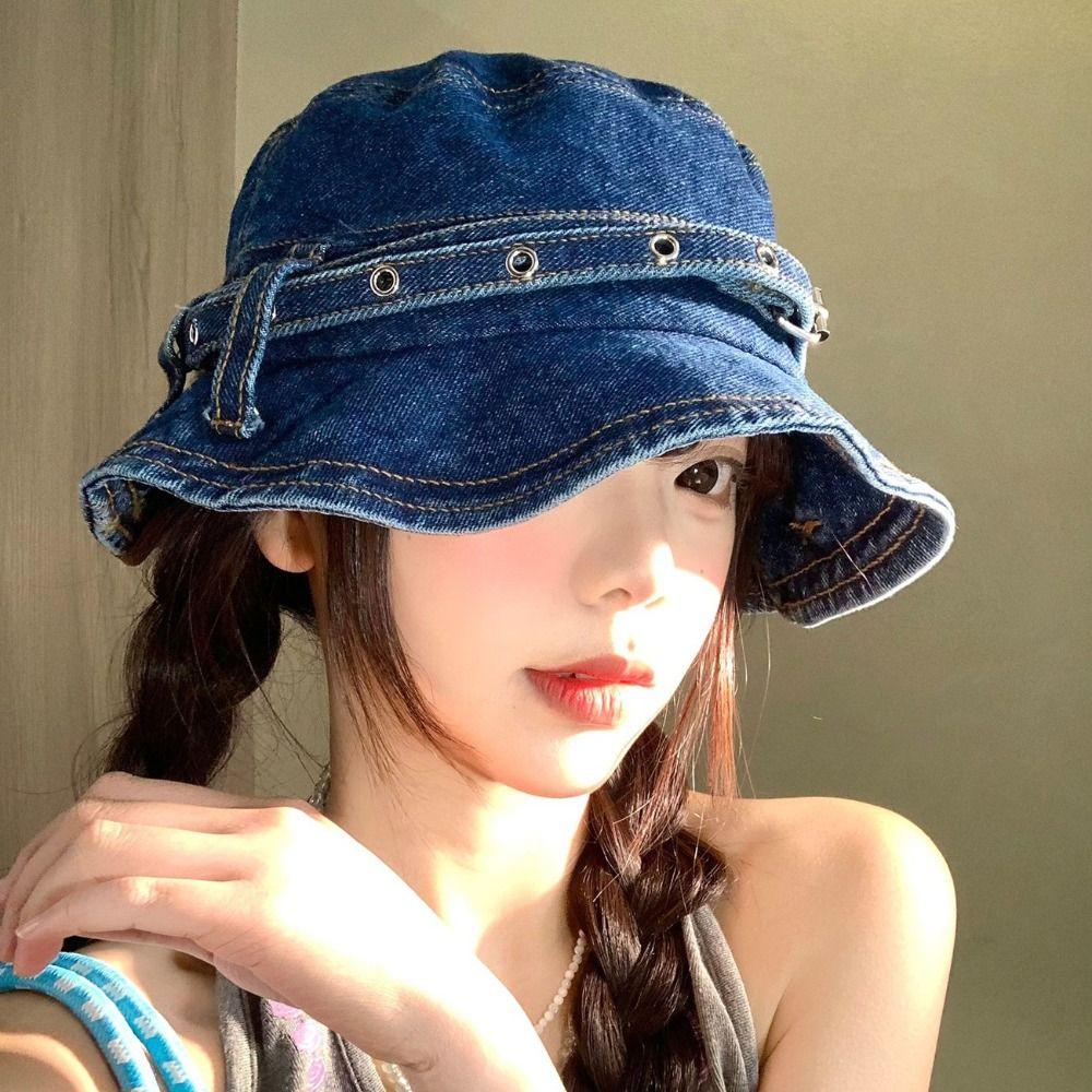 Retro Style Wash Denim Bucket Hats Wash Denim Belt Design Belt Design Caps Versatile Design Sun Protection Japanese Retro Caps