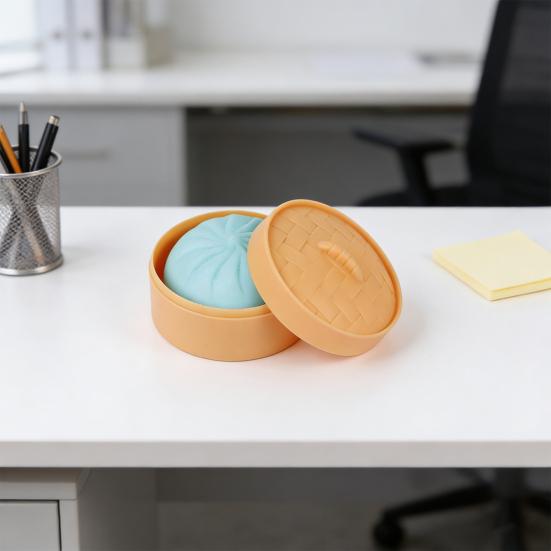 Squeeze Toy Realistic Steamed Bun Design Soft Slow Rebound Stress Relief Toy with Portable Steamer Storage Box