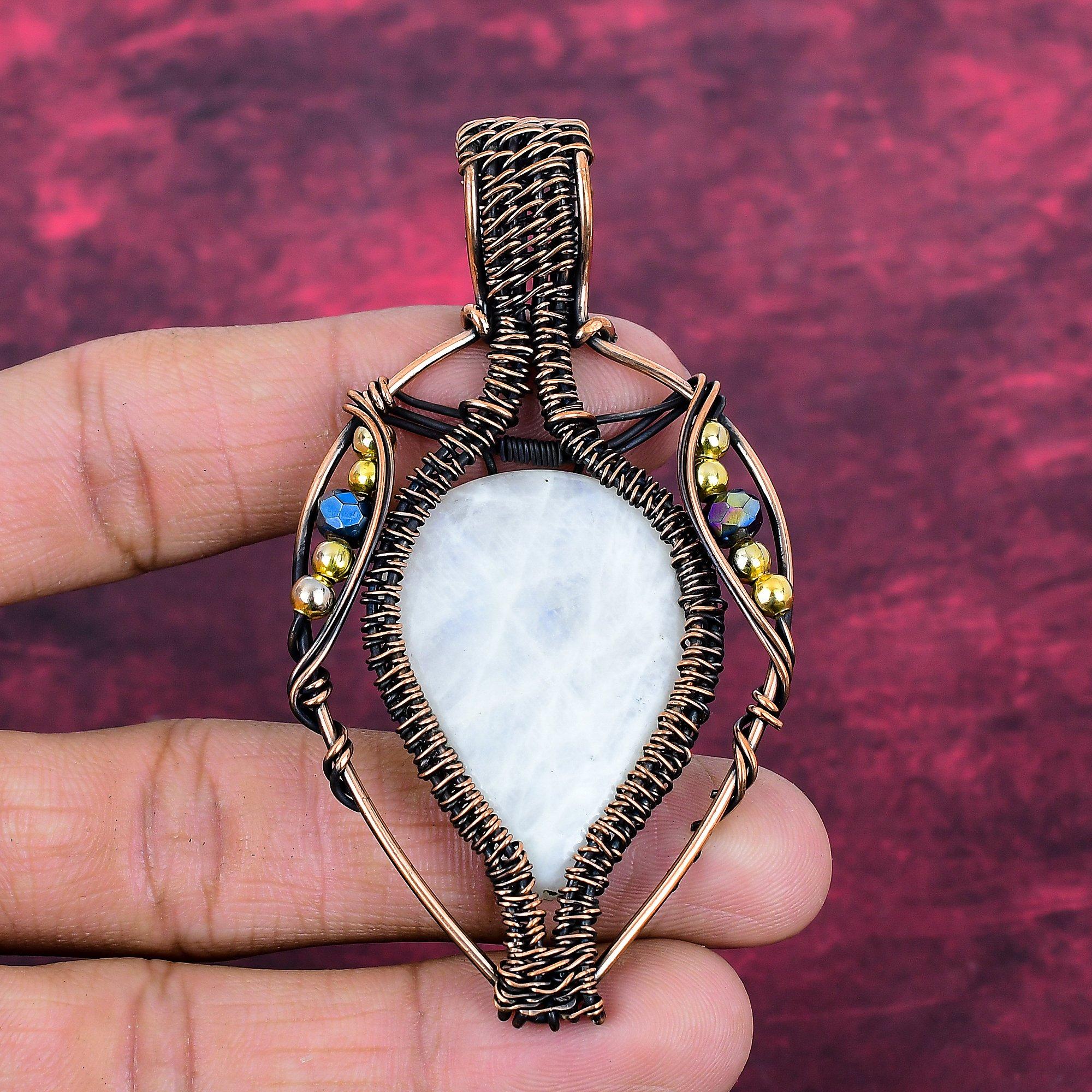 Rainbow Moonstone Gemstone Pendant Copper Wire Wrapped Jewelry Handmade Pendant