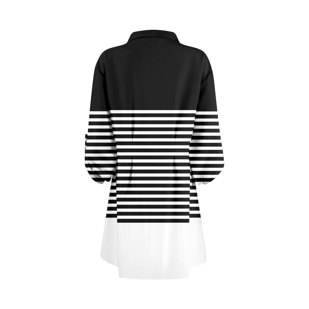 Damen Locker sitzendes V-Ausschnitt Langarmkleid Druck Arbeitshemdkleid