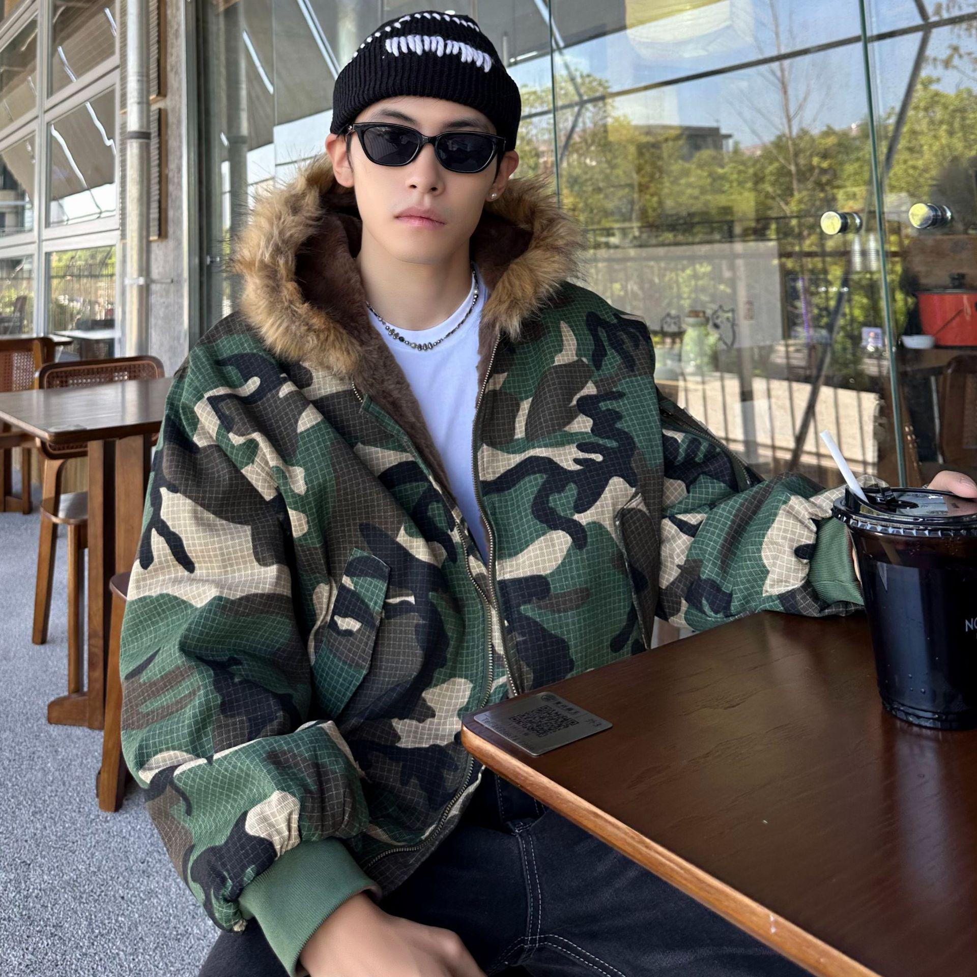

Men s Double-Sided Camouflage Cotton Jacket - Winter Hooded, Thick, Warm, Plus Velvet L (110-130 jin)