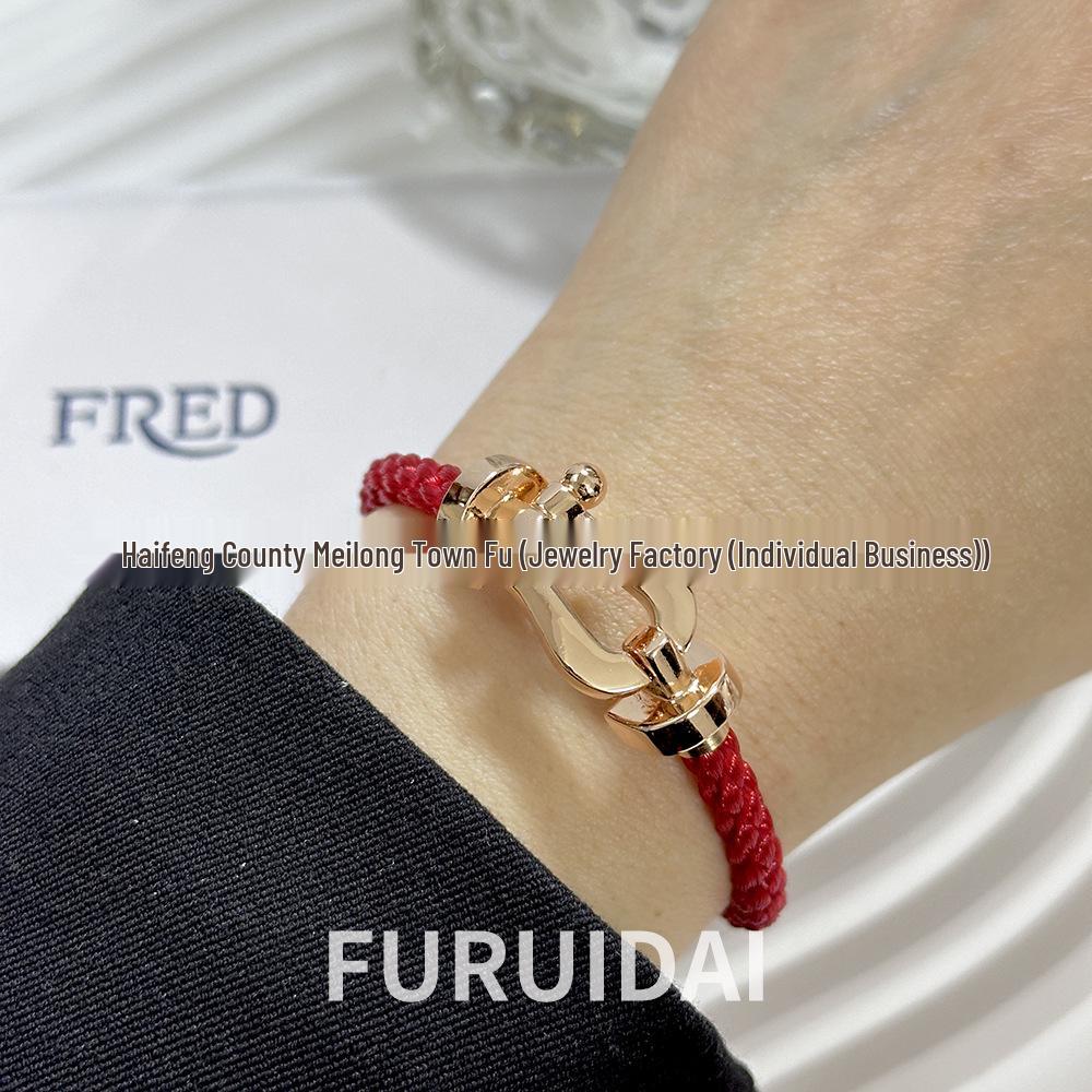 Bracciale Fred Placcato Oro 18k con Ferro di Cavallo Diamantato Zodiaco Corda Rossa - Unisex Stile Fai da Te a Forma di 8