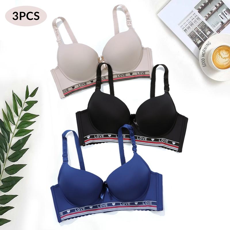 

3 шт., женский бюстгальтер пуш-ап для спорта и отдыха с четырехрядным крючком, бюстгальтеры с алфавитным декором и стальной опорой, нижнее белье с чашкой B 90C