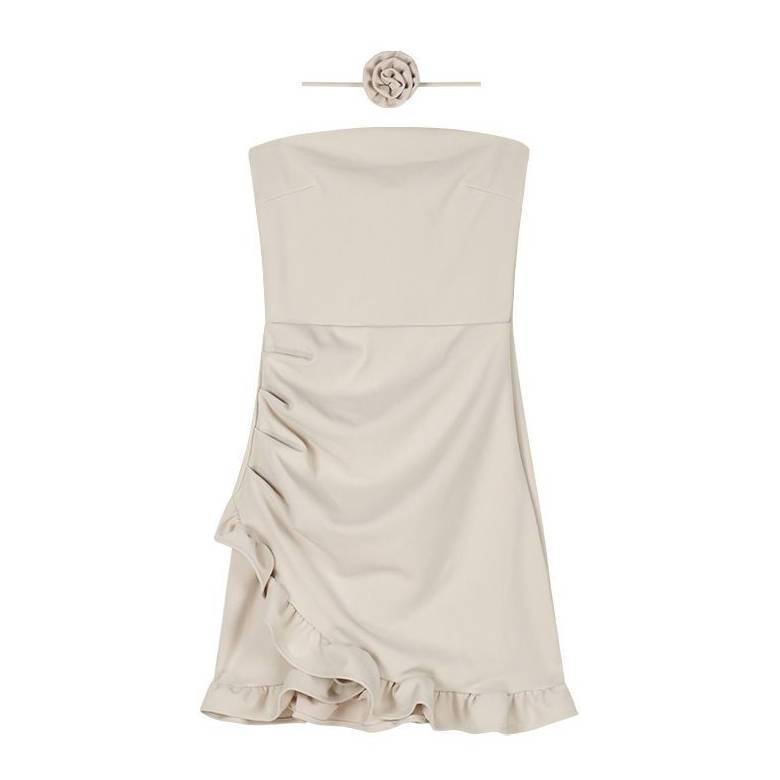 Hepburn style irregular ruffle edge hip-wrapped short skirt sexy hottie one-word shoulder tube top showing figure trendy dress