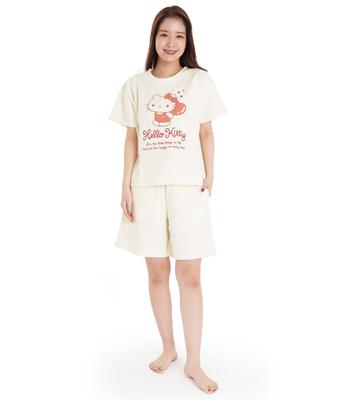 SAZAC SAN1659 Dámska mini fleecová súprava na doma s krátkym rukávom a nohavicami, okrúhly výstrih, Sanrio Hello Kitty ovsené pyžamo, Veľkosť L