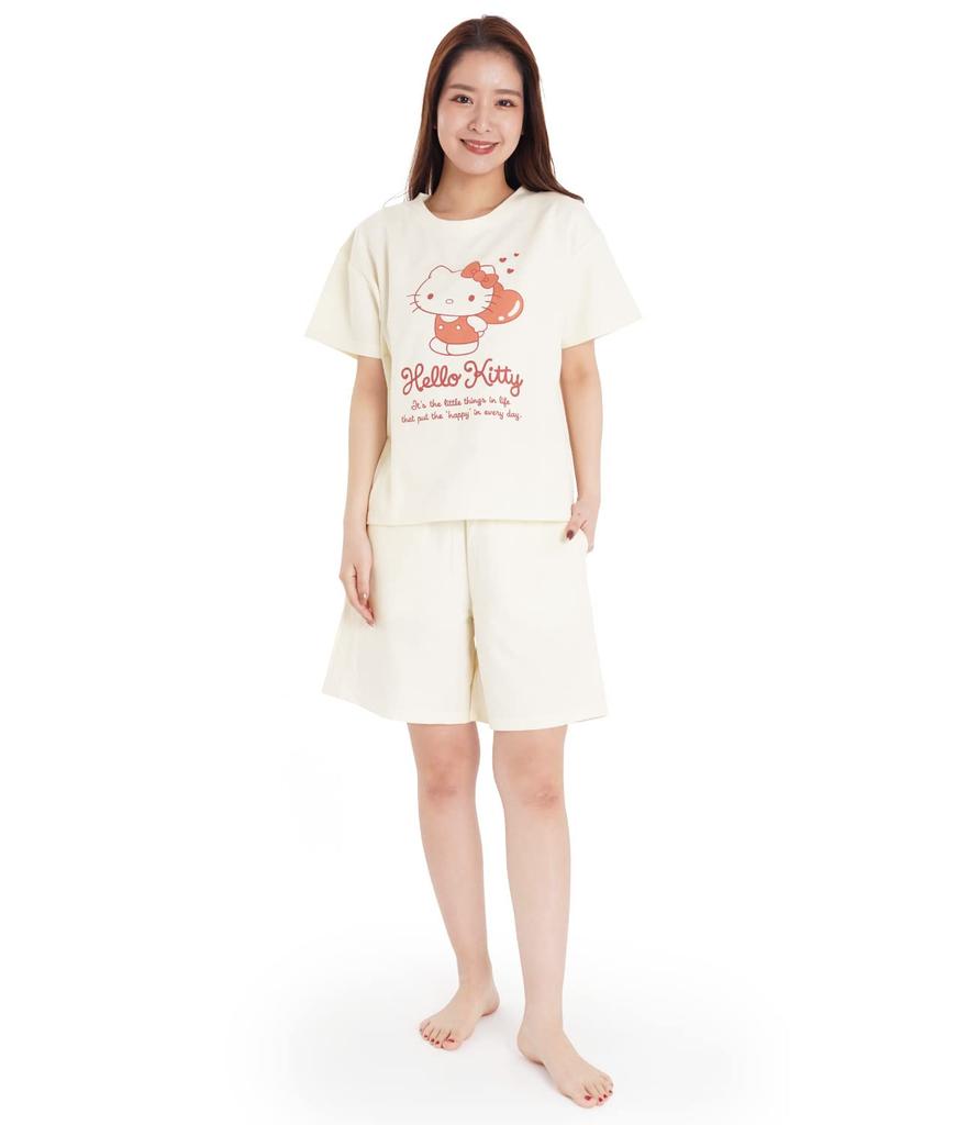 SAZAC SAN1659 Women's Mini Fleece Loungewear Set, U-Neck, Short Sleeves and Pants, Sanrio Hello Kitty Oatmeal Pajamas, Size M