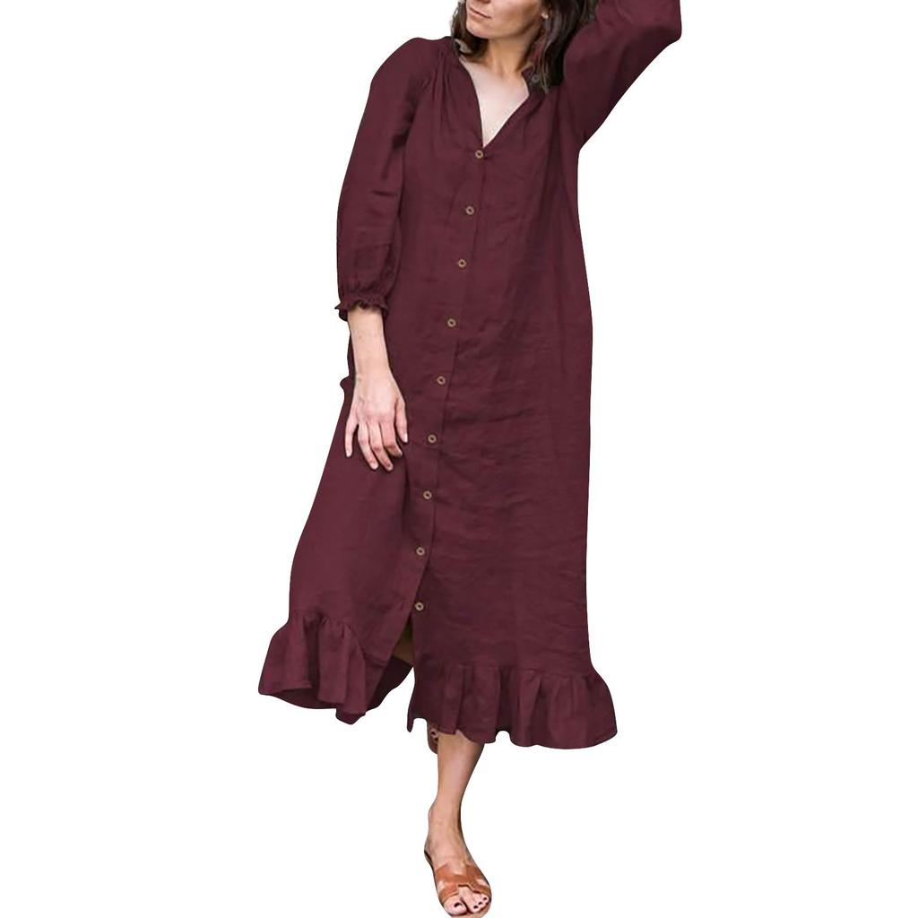 Dame ensfarget falbala volangkrave knapp lang skjortekjole