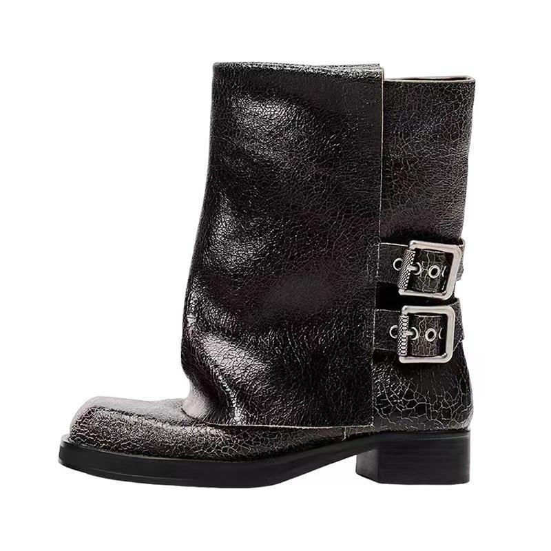 Design Sense Belt Buckle Pants Boots for Women for Women New Square Toe Short Boots Punk Thick Heel Women's Boots