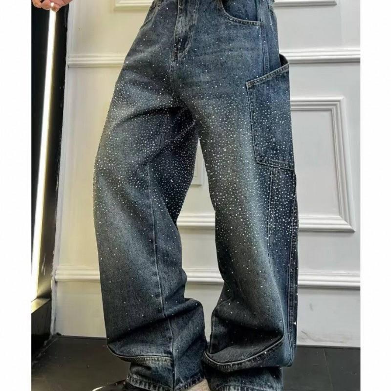 Vintage Washed Blue Wide Leg Denim Jeans Men Women Loose Fit Streetwear Casual Pants Mid-Rise Straight Cut