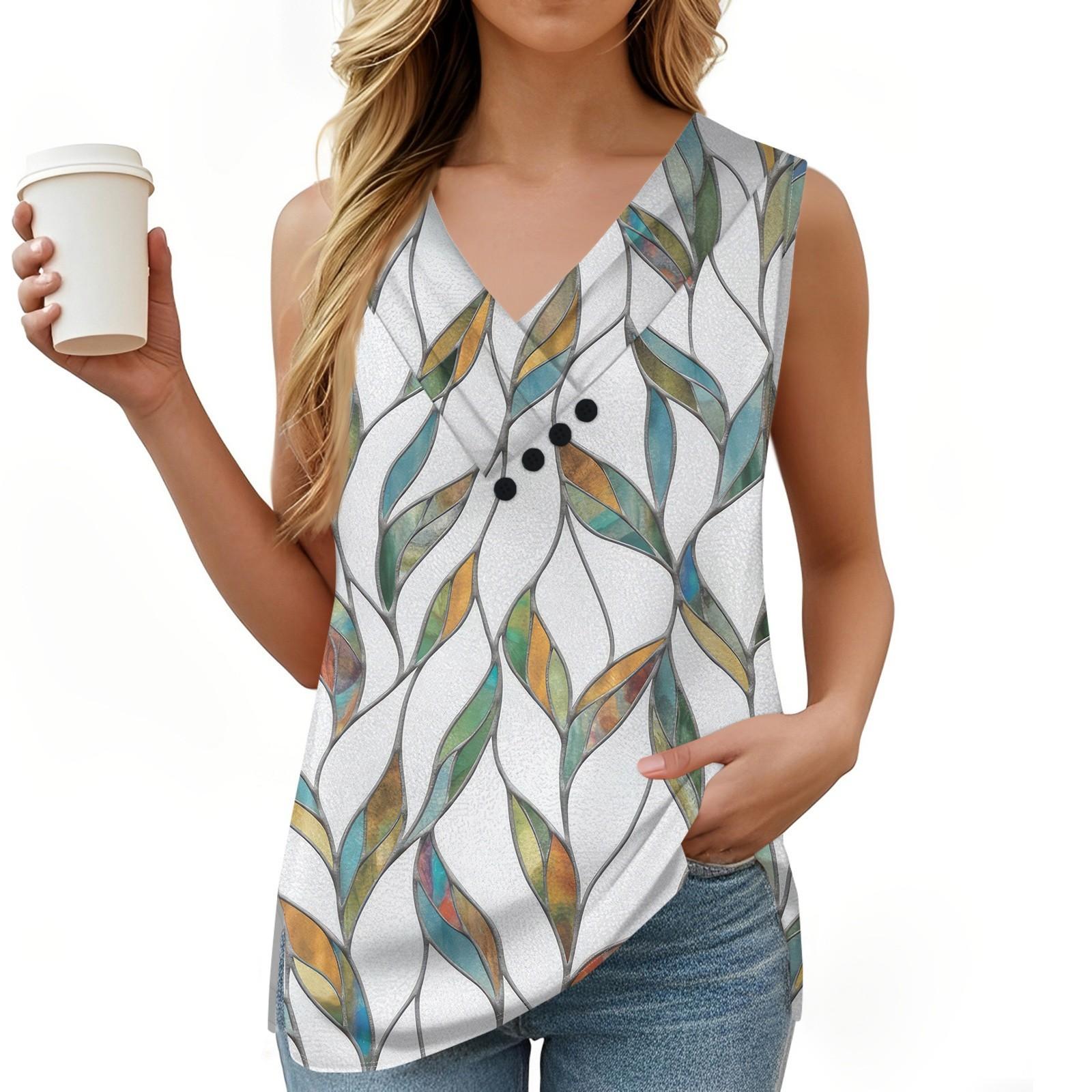 

Жіноча вінтажна майка з квітковим принтом, літня футболка на ґудзиках з V-подібним вирізом, без рукавів, вільний модний топ L армія зелений колір