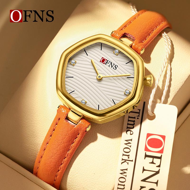 OFNS Damen Hexagonales Zifferblatt Wasserdichte Quarz-Armbanduhr mit Lederarmband.