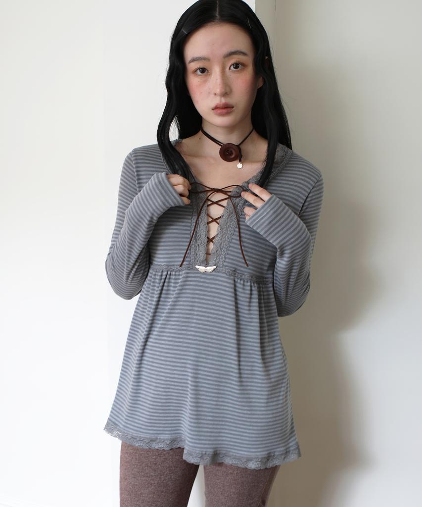 NOFFICIALNOFFICE Lace Trim Lace-Up Top Blue Grey