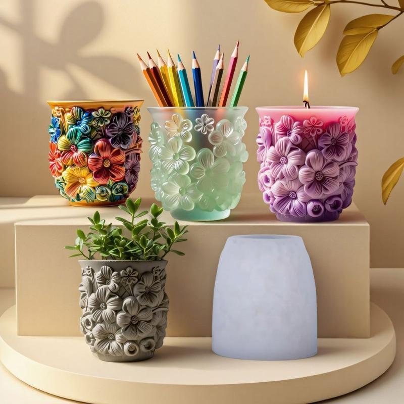 Intricate Floral Design Silicone Planter Mold Resin Flower Casting Pot Mold For Unique Resin Jewelry Tray Making Gift