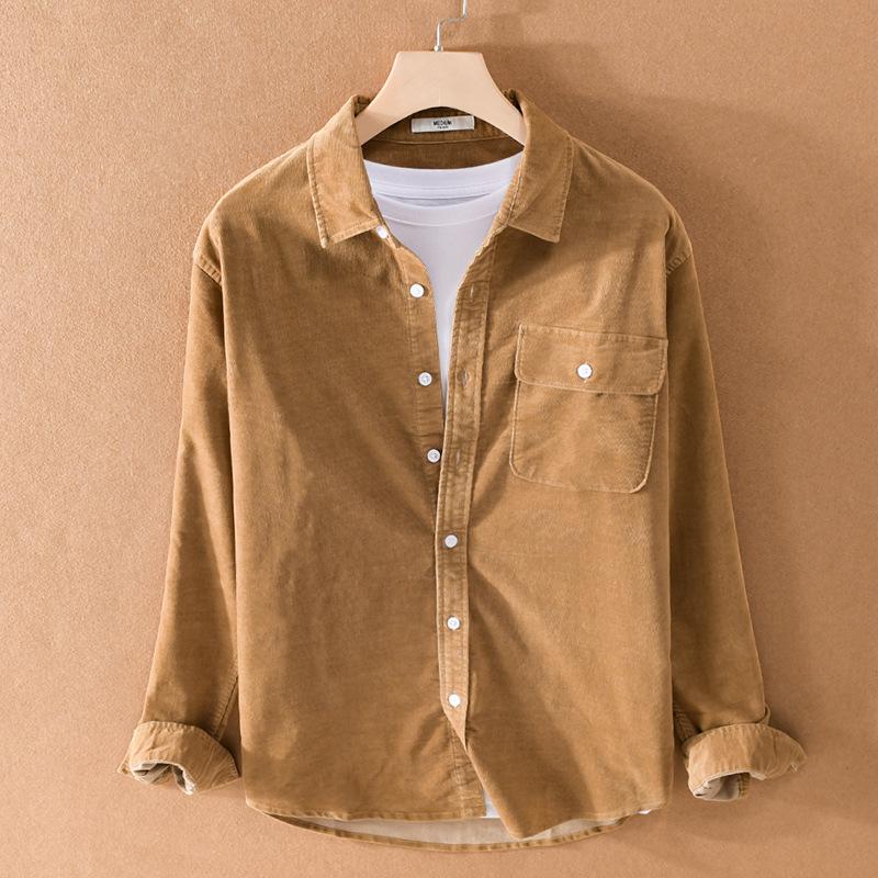 

Японская ретро молодежная однотонная вельветовая рубашка с длинными рукавами L хаки