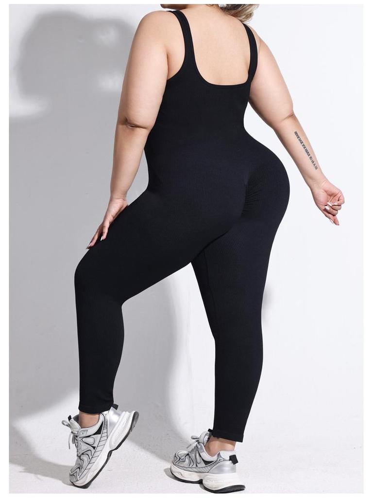 Plus Size Ribbed Backless Jumpsuit: Double Shoulder Strap, Body Shaping, Seamless Hip Lifting Yoga Wear