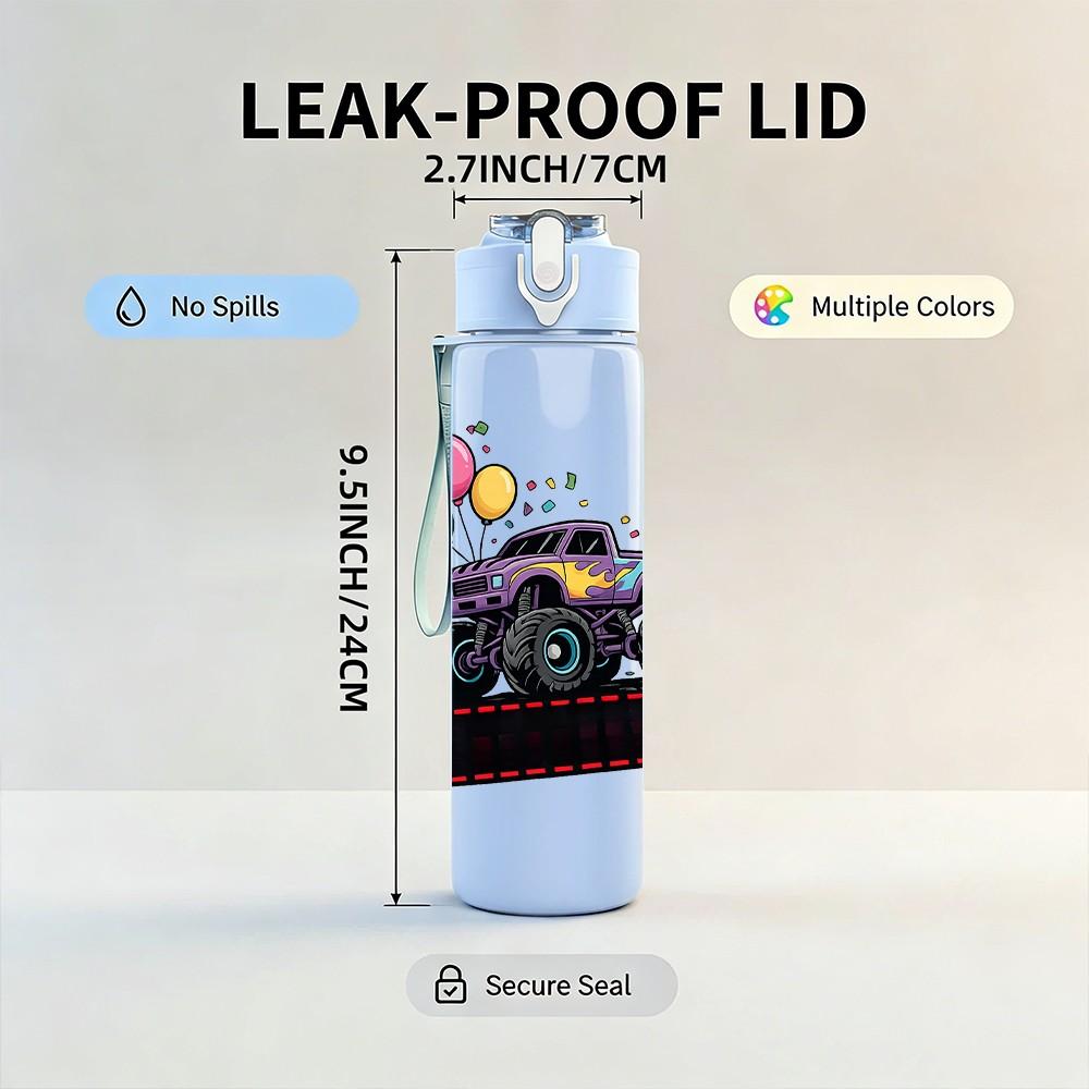 1PC Monster Truck 5 Birthday Party Print 750ml Color Plastic Sports Water Bottle Leakproof Flip Straw Lid Suitable for Sports Office Home Use