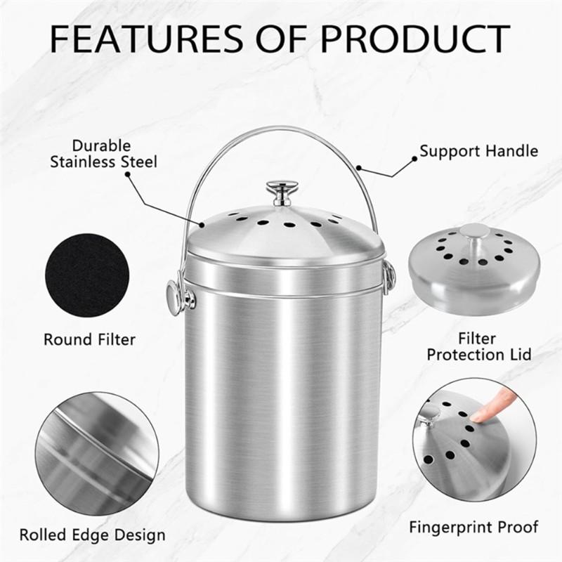 Compost Bucket For Kitchen Countertop,1.3 Gallon Stainless Steel Compost Bin Indoor With Lid, Odorless Food Waste Bucket